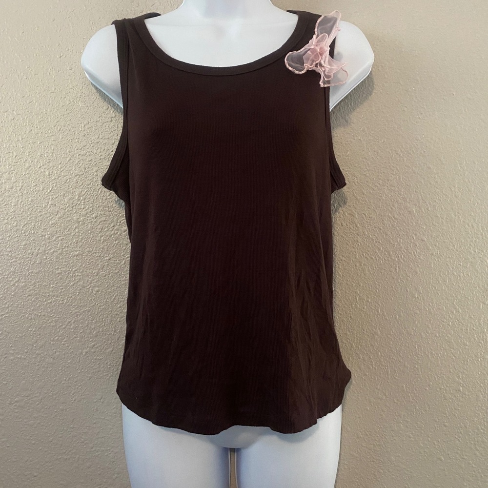 Brown Flower Accent Ribbed Tank XL Y2K Fairycore Girly Coquette Fairy Grunge